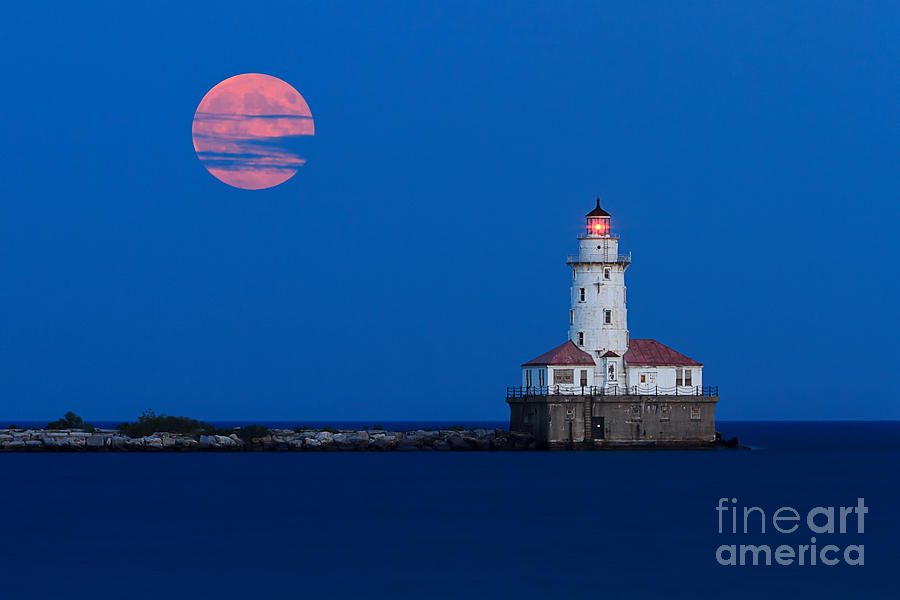 Chicago Photograph - Full Moon over Chicago Harbor Lighthouse by Katherine Gendreau