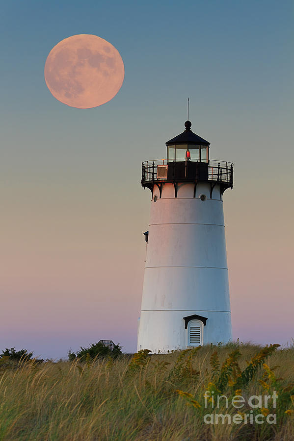 Nature Photograph - Full Moon over Edgartown Lighthouse by Katherine Gendreau
