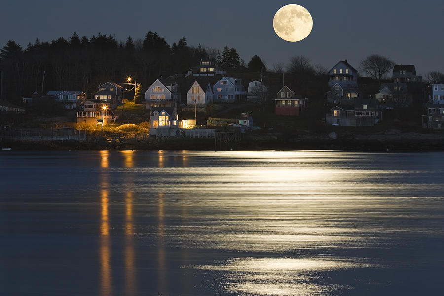 Sunset Photograph - Full Moon Over Kennebec River Georgetown Island Maine by Keith Webber Jr