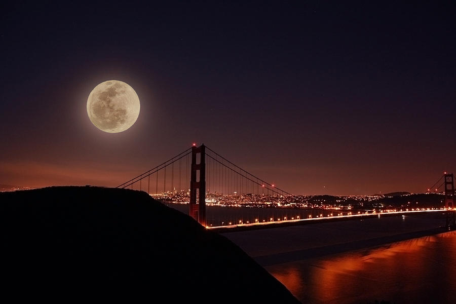 Golden Gate Bridge Photograph - Full Moon Over the Golden Gate Bridge by Laurie Larson