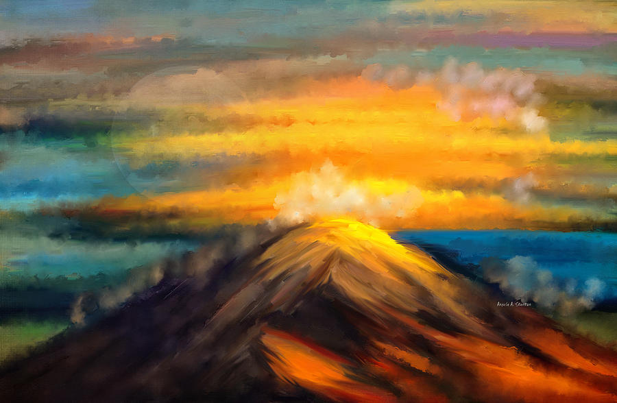 Nature Painting - Full Moon Over Yellow Clouds And Mountain by Angela Stanton