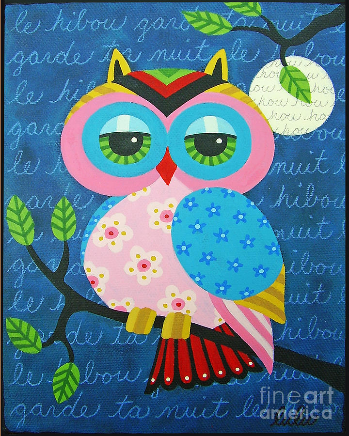 Owl Painting - Full Moon Owl on a Branch by Andree Chevrier