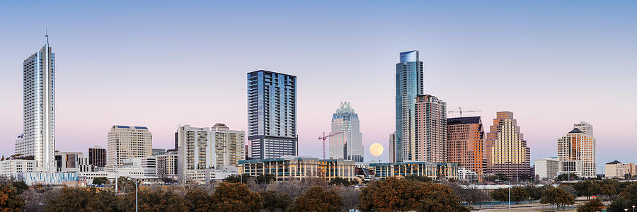 Austin Skyline Photograph - Full Moon Rising behind Downtown Austin Skyline Texas by Silvio Ligutti
