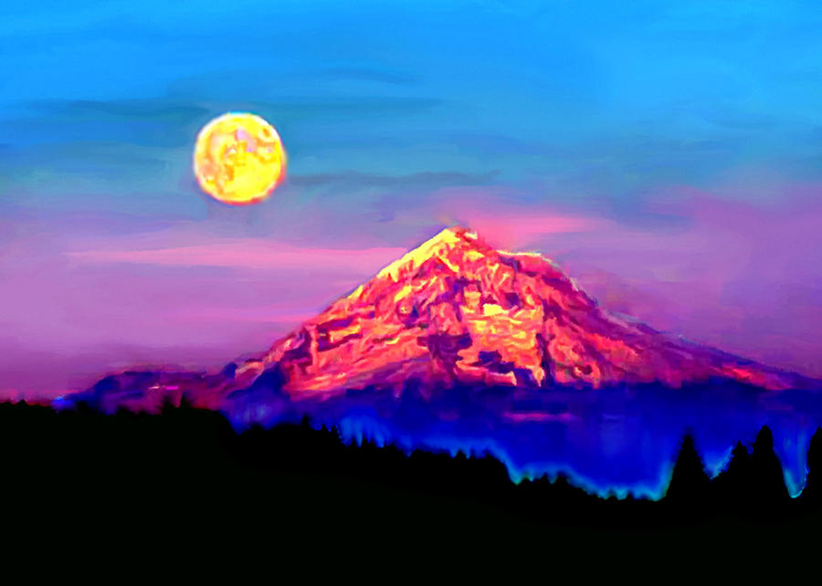 Full Moon Rising Over Mount Hood Oregon Painting