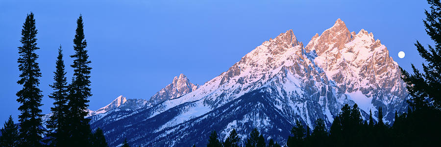 Grand Teton National Park Photograph - Full Moon Sets Behind The Cathedral by Panoramic Images