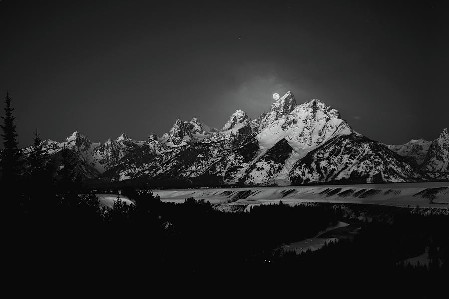 Mountain Photograph - Full Moon Sets In The Teton Mountain Range by Raymond Salani Iii