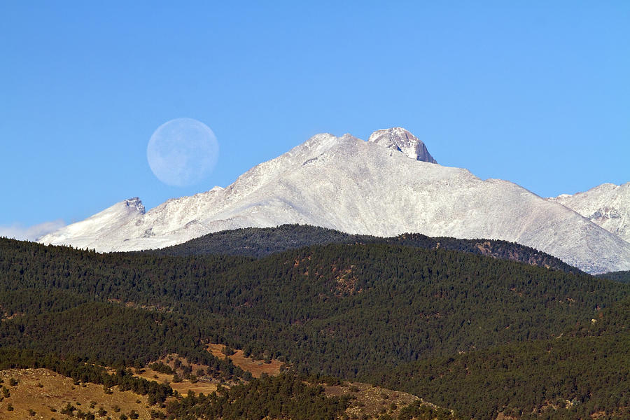 Nature Photograph - Full Moon Setting Over Snow Covered Twin Peaks  by James BO Insogna