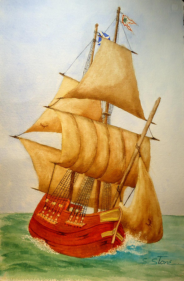 Ship Painting - Full Sails by Sandra Stone
