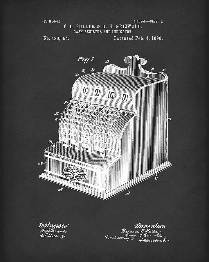Fuller Drawing - Fuller And Griswold Cash Register 1890 Patent Art Black by Prior Art Design