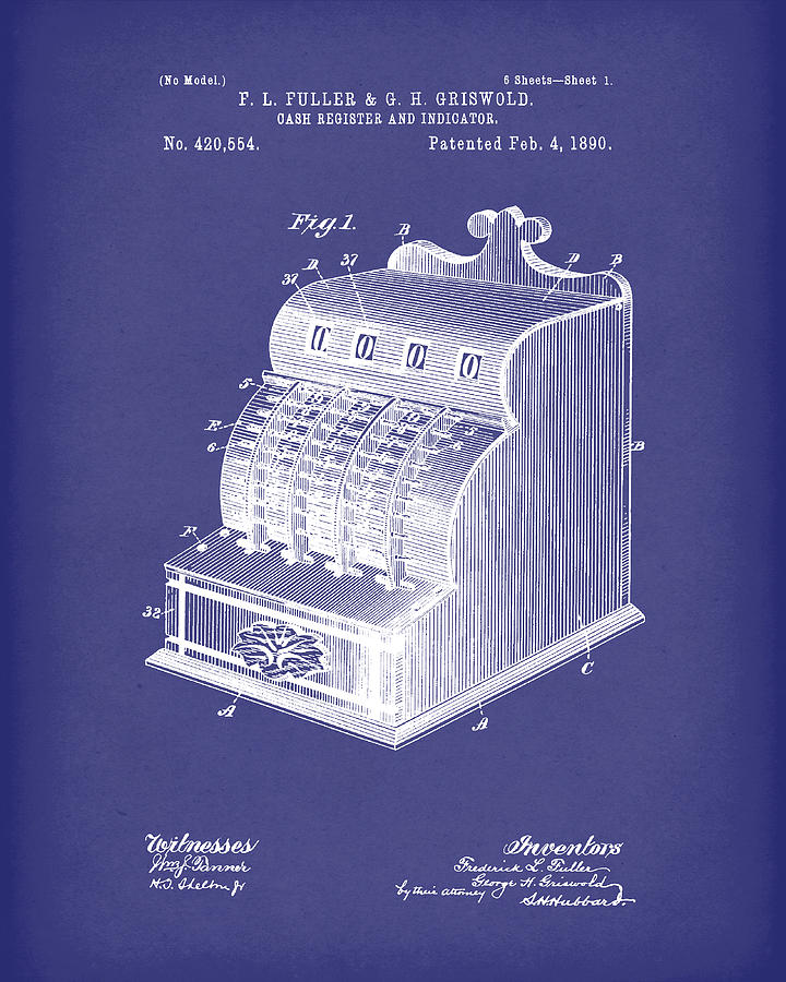 Fuller Drawing - Fuller And Griswold Cash Register 1890 Patent Art Blue by Prior Art Design