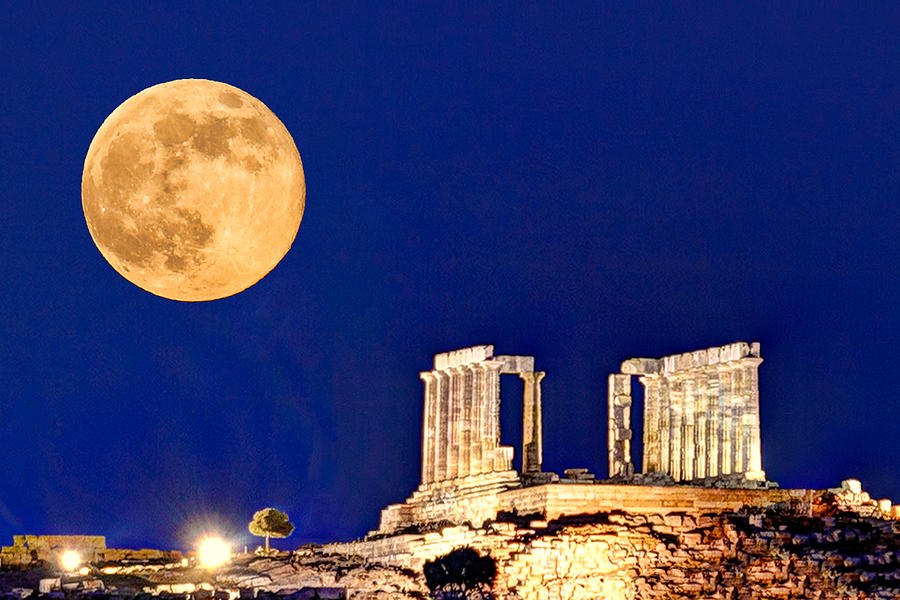 Fullmoon rise at Sounio - Greece Photograph by Constantinos Iliopoulos