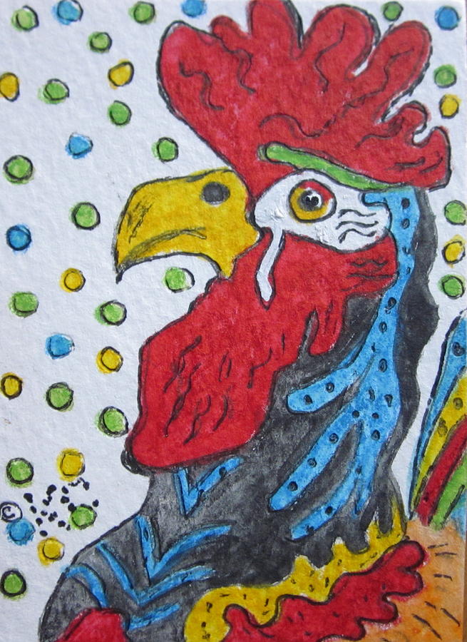 Funky Cartoon Rooster Painting by Kathy Marrs Chandler