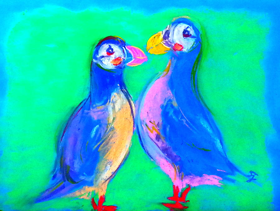 Bird Painting - Funky Puffins Gossip Session by Sue Jacobi