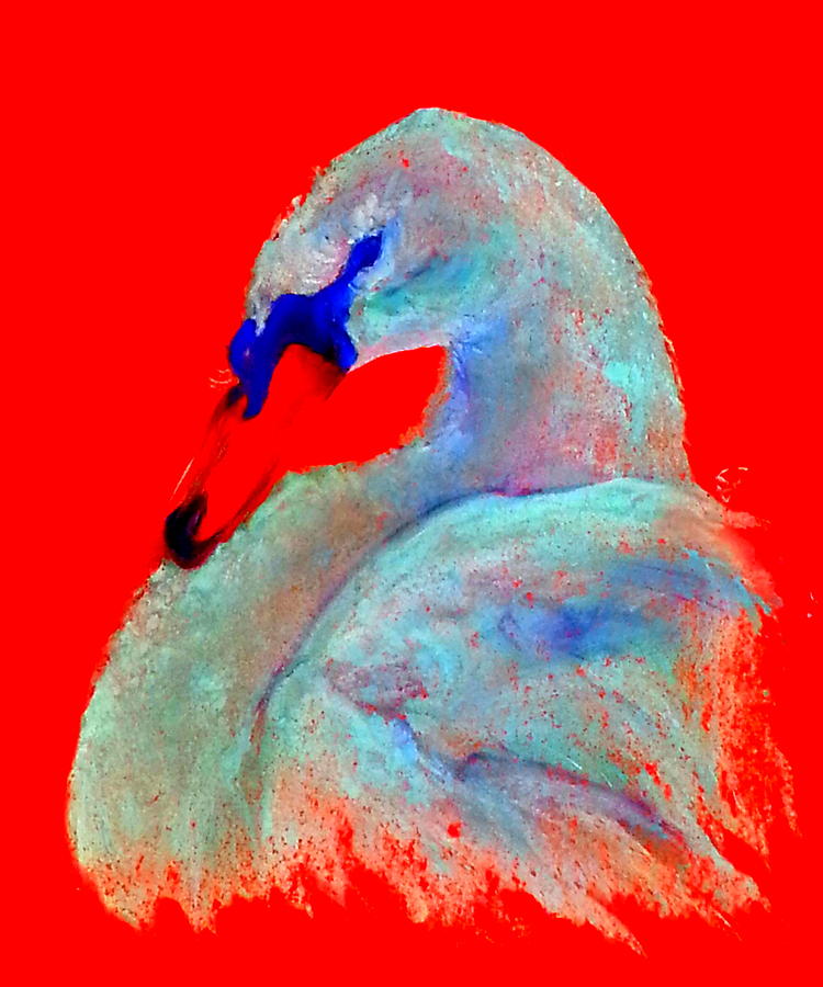 Bird Painting - Funky Swan Blue on Red by Sue Jacobi