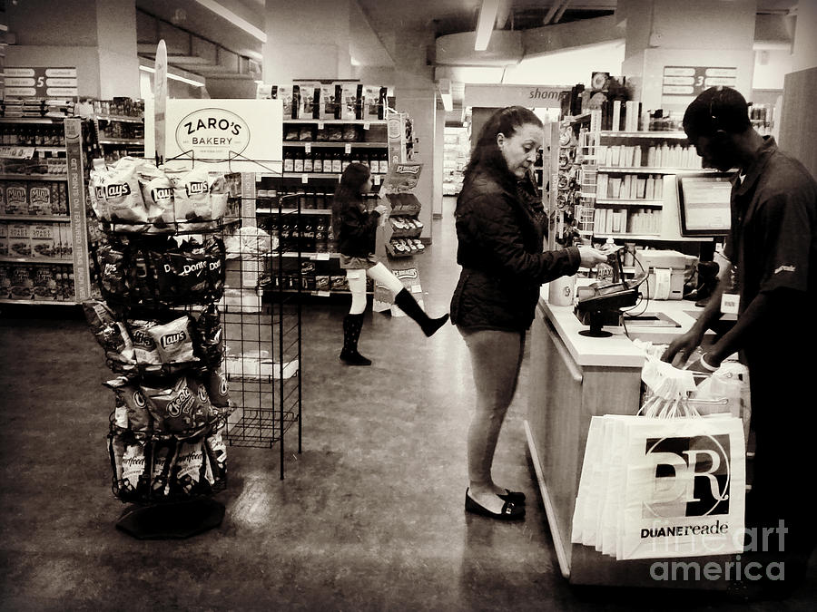 New York City Photograph - Funny - Found While Editing - Woman Shopping in Store with Child - New York City Street Scene by Miriam Danar