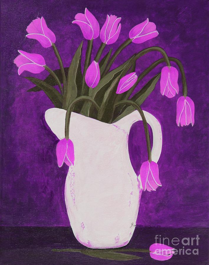 Grape Color Tulips in a Milk Jug Painting by Barbara A Griffin