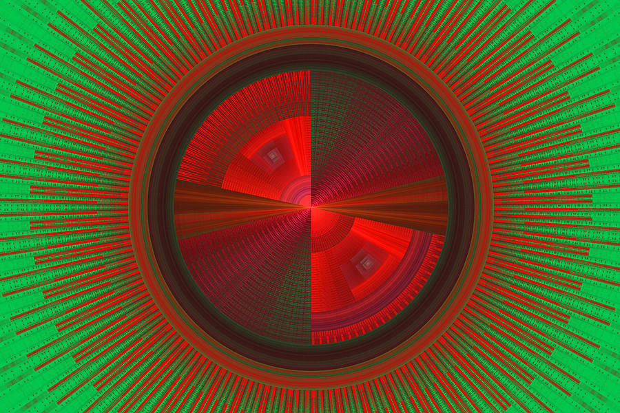 Abstract Photograph - Futuristic Green And Red Tech Disc Fractal Flame by Keith Webber Jr