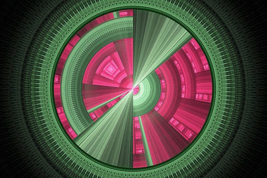 Abstract Photograph - Futuristic Tech Disc Green And Pink Fractal Flame by Keith Webber Jr