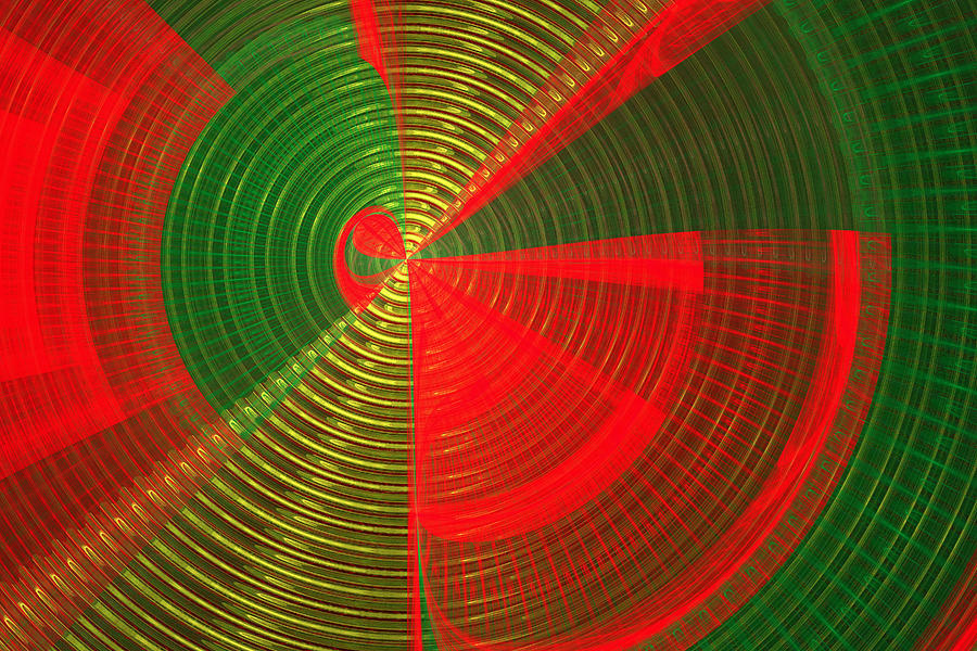 Abstract Photograph - Futuristic Tech Disc Green and Red Fractal Flame by Keith Webber Jr