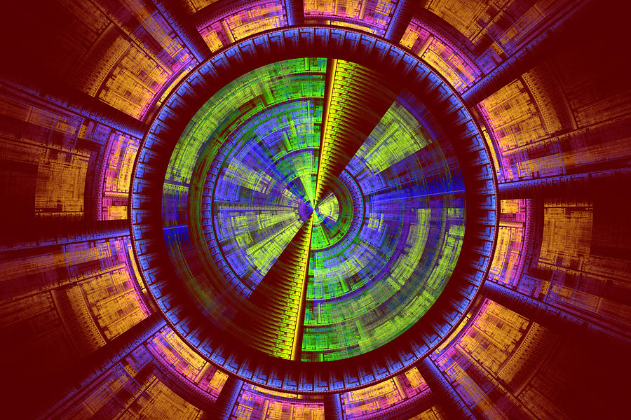 Abstract Photograph - Futuristic Tech Disc Red Green and Yellow Fractal Flame by Keith Webber Jr