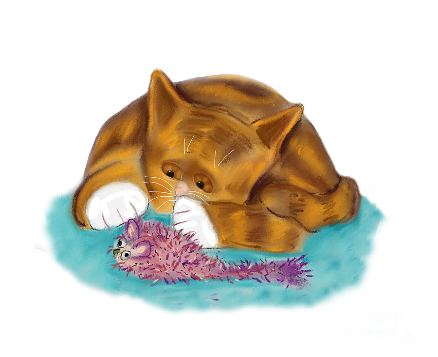 Fuzzy Mouse Toy is Fuzzier due to Orange Tiger Kitten Playing with It Digital Art by Ellen Miffitt