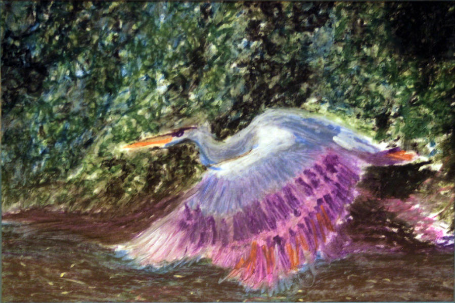 Crane Pastel - Fying Crane Over River by Lazaro Giraldo Lee