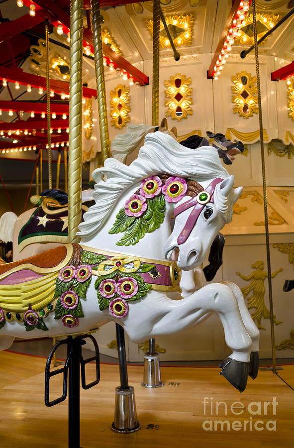 Galloping White Beauty - Vintage Carousel Horse Photograph by Maria Janicki
