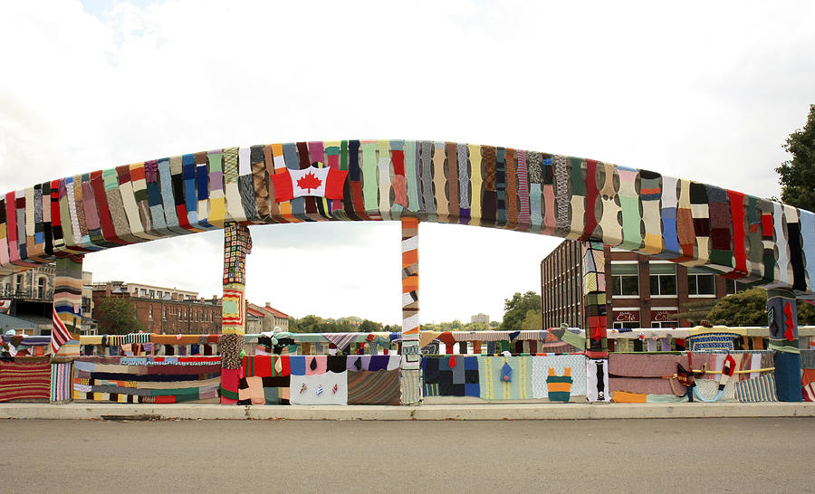 Galt Ontario-knit bridge-art on the street Photograph by Nick Mares