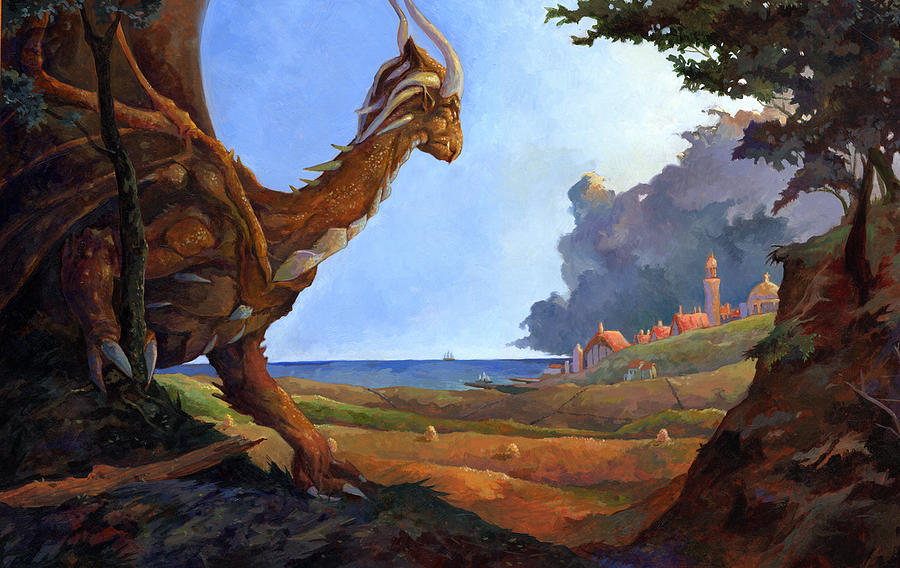 Oil Painting - Galversharn the dragon looking for her eggs by Storn Cook Oil Painting - Galversharn the dragon looking for her eggs by Storn Cook