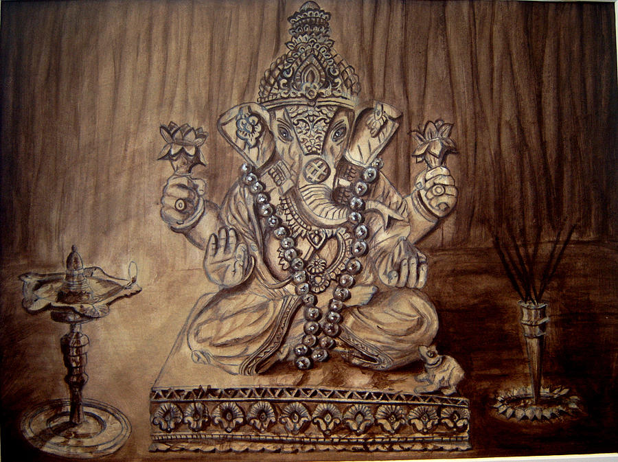 Flemish Painting - Ganesh - Umber Layer by Madhubala Alla