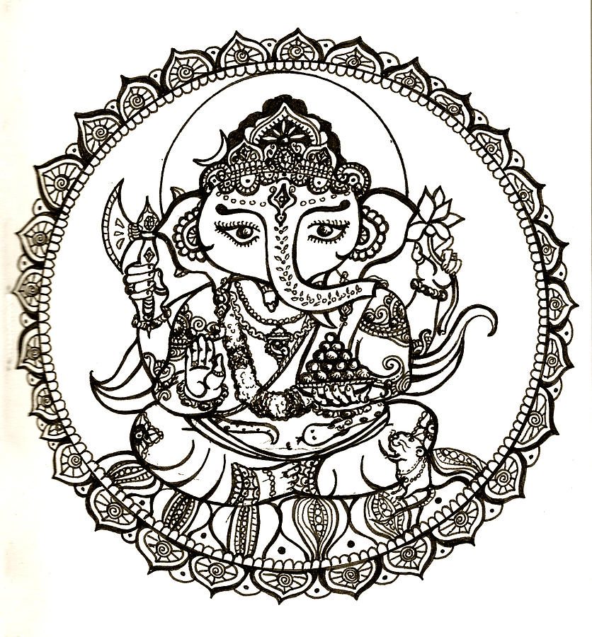 Ganesh on Lotus flower Drawing by Jekaterina Mudivarthi Fine Art America