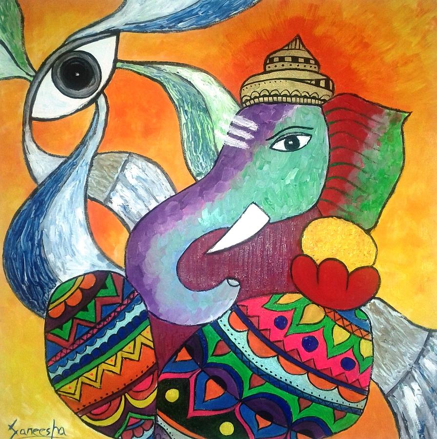 Abstract Painting - Ganesh by Saneesha Lingala