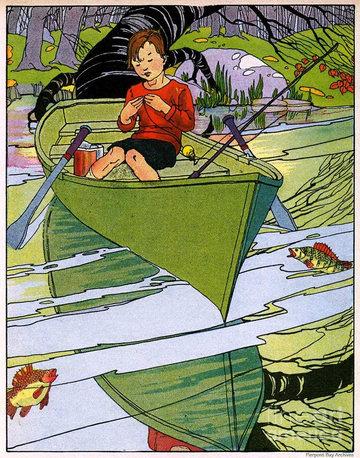 Garada Clark Riley Boy in Green Boat Fishing on Pond River in the Woods ...