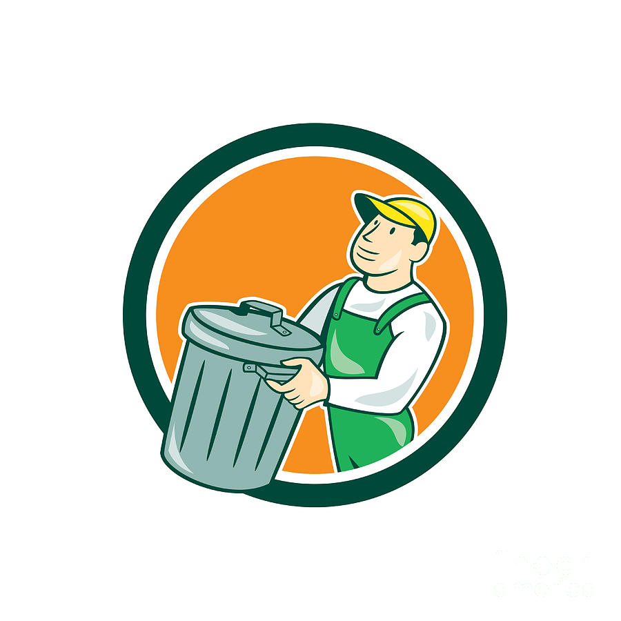 Garbage Collector Digital Art - Garbage Collector Carrying Bin Circle Cartoon by Aloysius Patrimonio