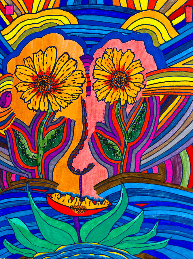 Garden Face - Lotus Pond - Daisy Eyes Painting by Marie Jamieson