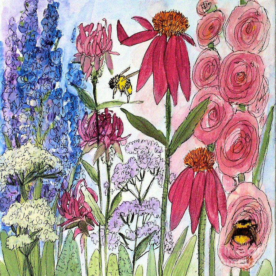 Garden Flower and Bees Painting by Laurie Rohner