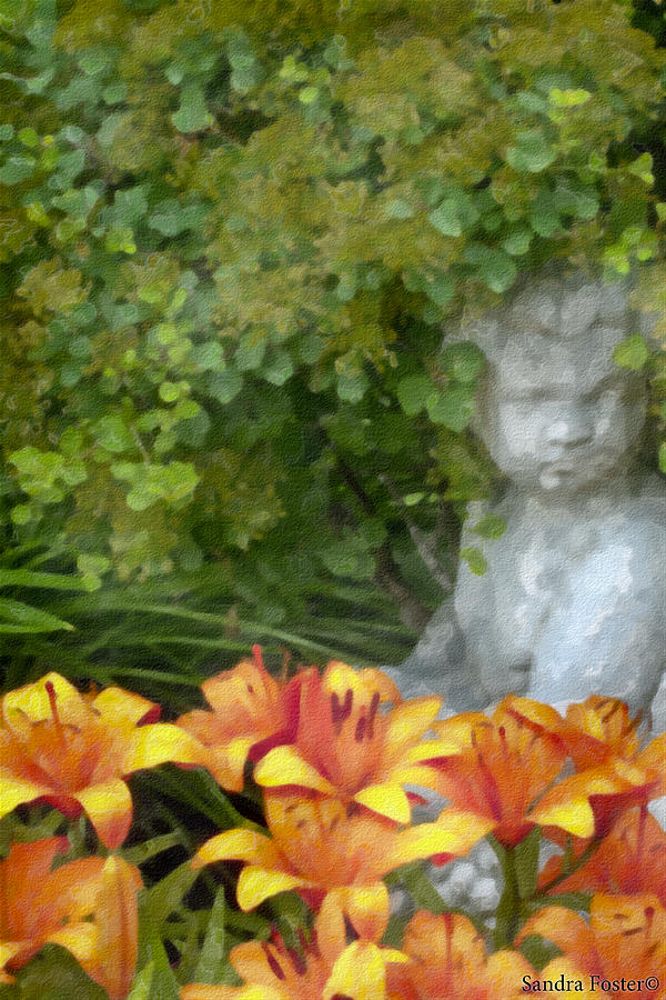 Garden Girl And Orange Lilies Digital Watercolor Photograph by Sandra Foster