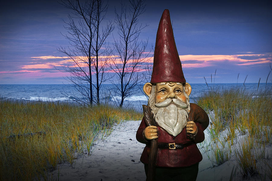Garden Gnome at the Beach at Sunset Photograph by Randall Nyhof