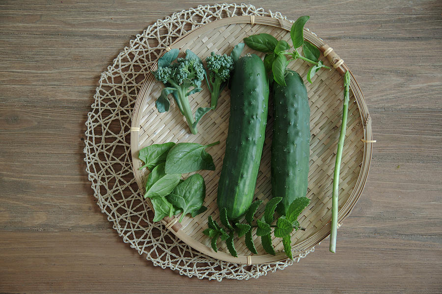 Garden Harvest - Cucumber, Spinach Photograph by Peter Tsai Photography - Www.petertsaiphotography.com