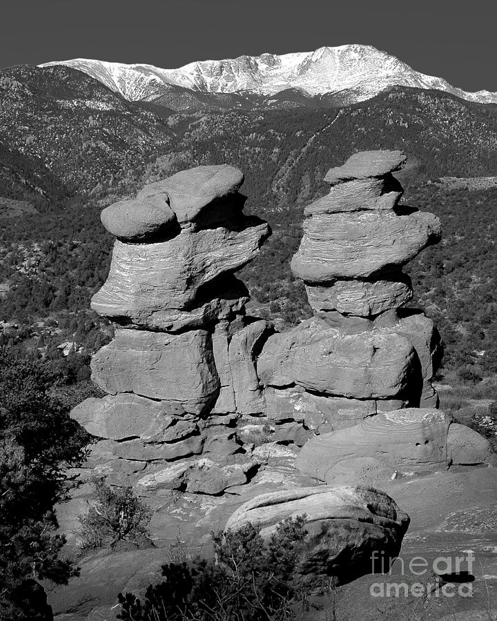 Garden of the Gods Siamese Twins Pikes Peak - Colorado Landscape Black and White BW Photograph by Jon Holiday