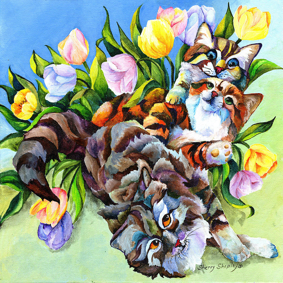 Cat Painting - Garden Party by Sherry Shipley
