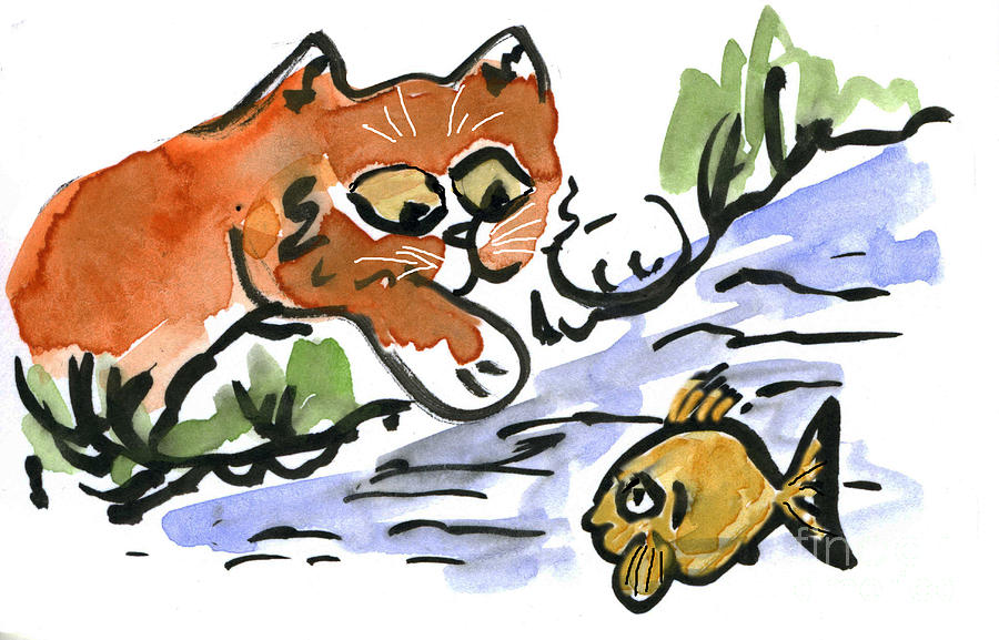 Garden Pond and Curious Kitten Painting by Ellen Miffitt