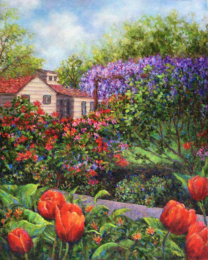 Spring Painting - Garden With Tulips and Wisteria by Susan Savad