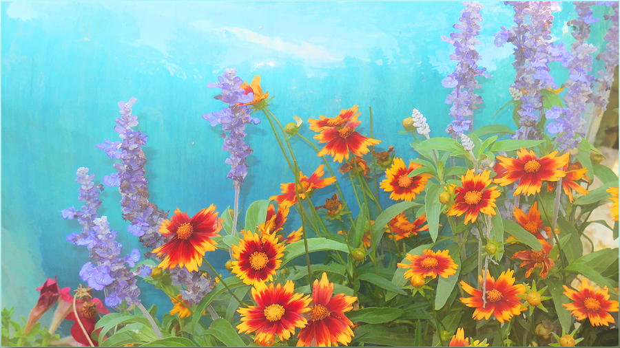Garden with turquoise purple yellow and red Painting by Douglas MooreZart