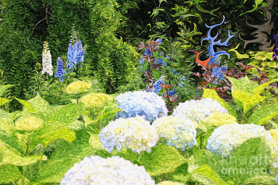 Garden with White Lavender Hydrangeas and Bluebells Photograph by Beverly Claire Kaiya