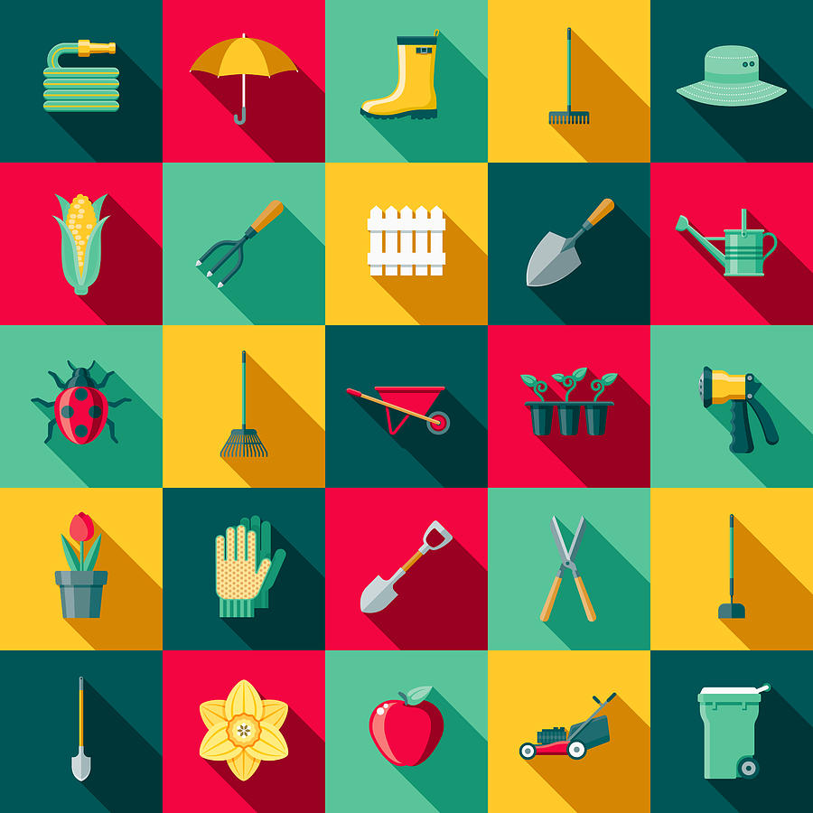 Gardening Supplies Flat Design Icon Set with Side Shadow Drawing by Bortonia