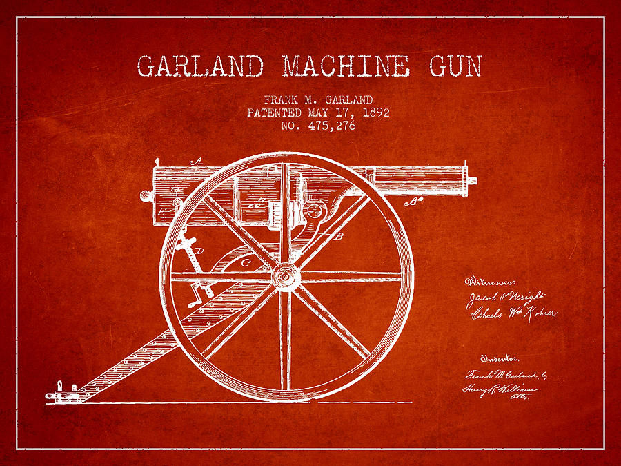 Vintage Digital Art - Garland Machine Gun Patent Drawing from 1892 - Red by Aged Pixel