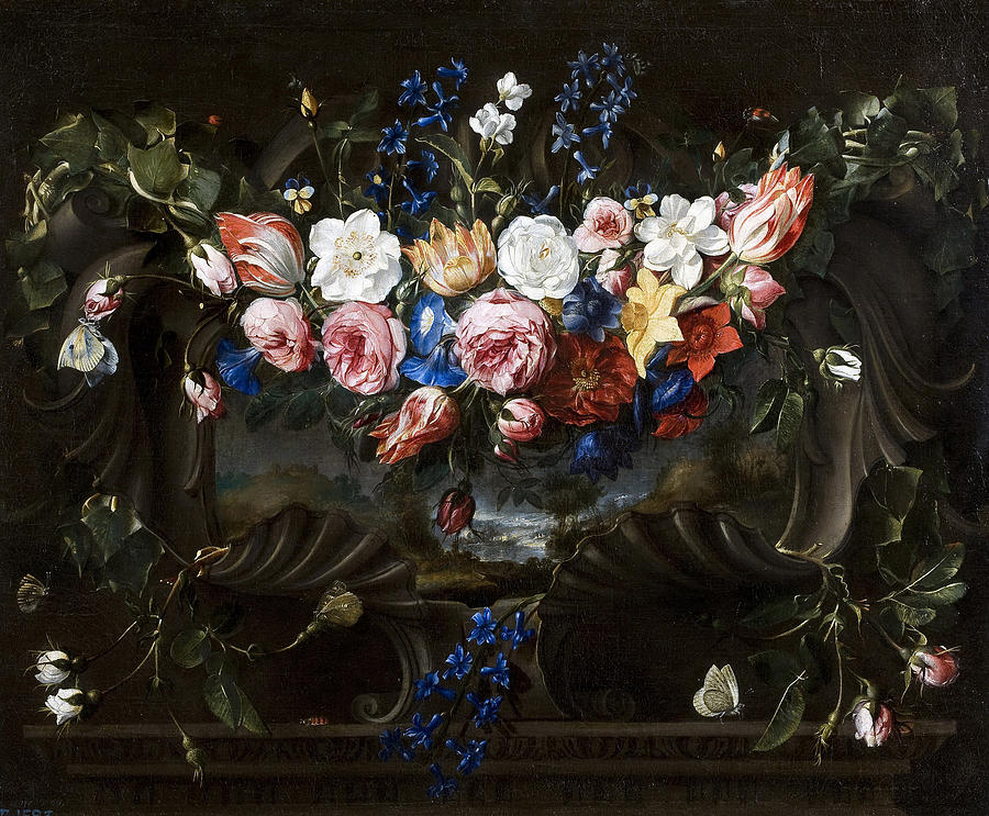Garland of flowers in a cartouche with a landscape behind Painting by Juan de Arellano