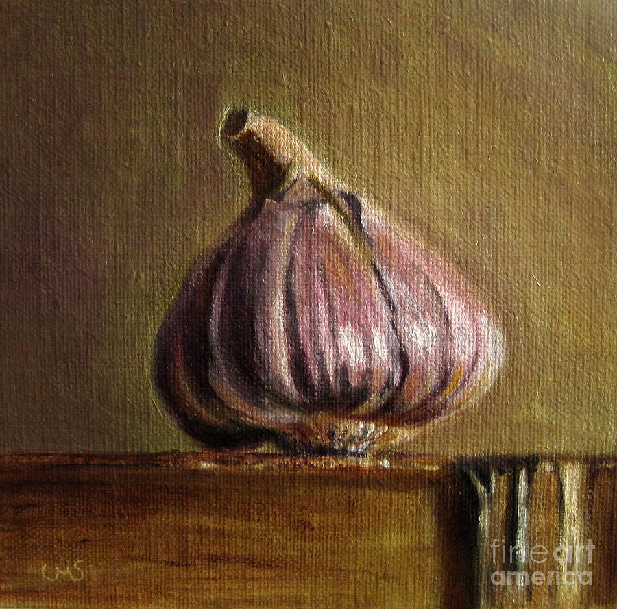 Garlic on Wood Painting by Ulrike Miesen-Schuermann