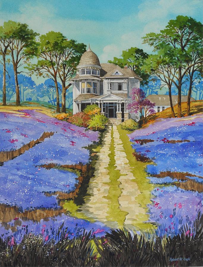 Garvey House Bluebonnets Painting by Robert W Cook 